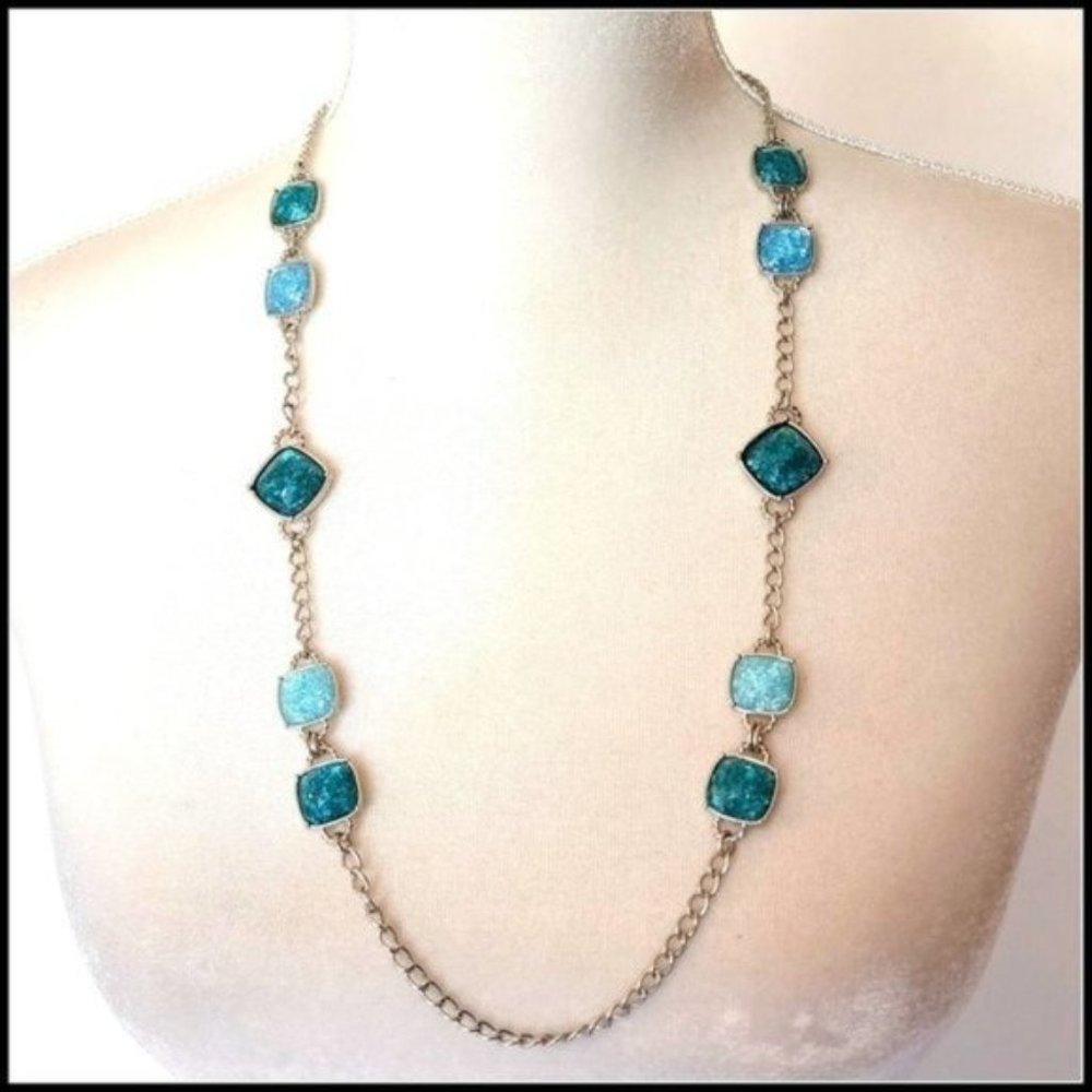 Vintage Necklace Silver Tone Square Aqua Turquoise Color Statement Southern‎